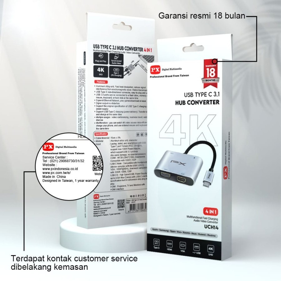 PX Type C 3.1 to HDMI VGA USB Hub Converter Adaptor 4 in 1 4K UCH14