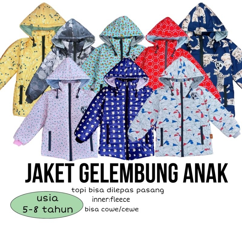 Jaket gelembung(quilting)anak 5-8 tahun/topi lepas