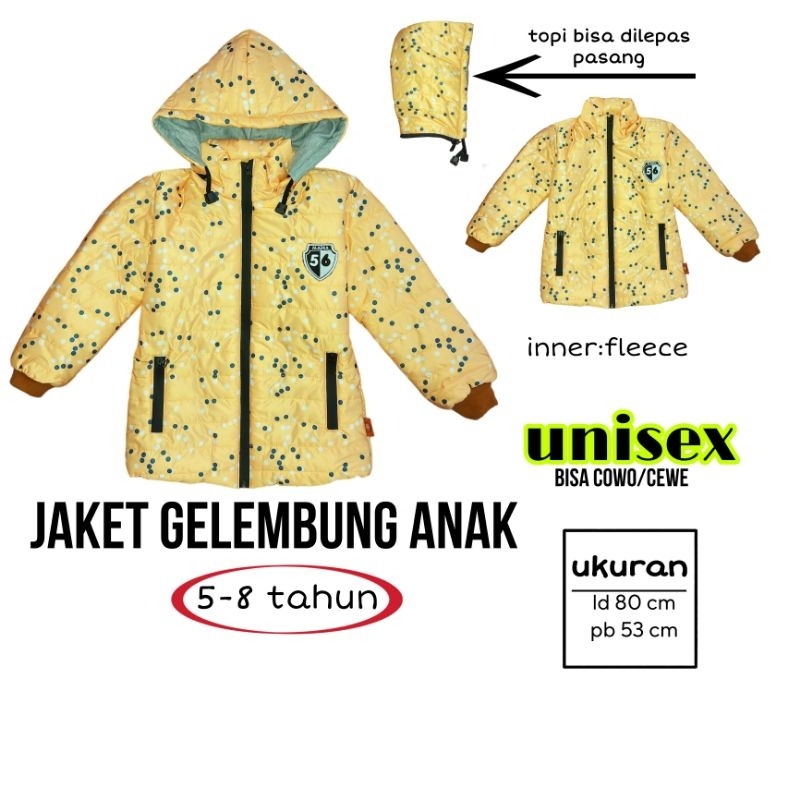 Jaket gelembung(quilting)anak 5-8 tahun/topi lepas