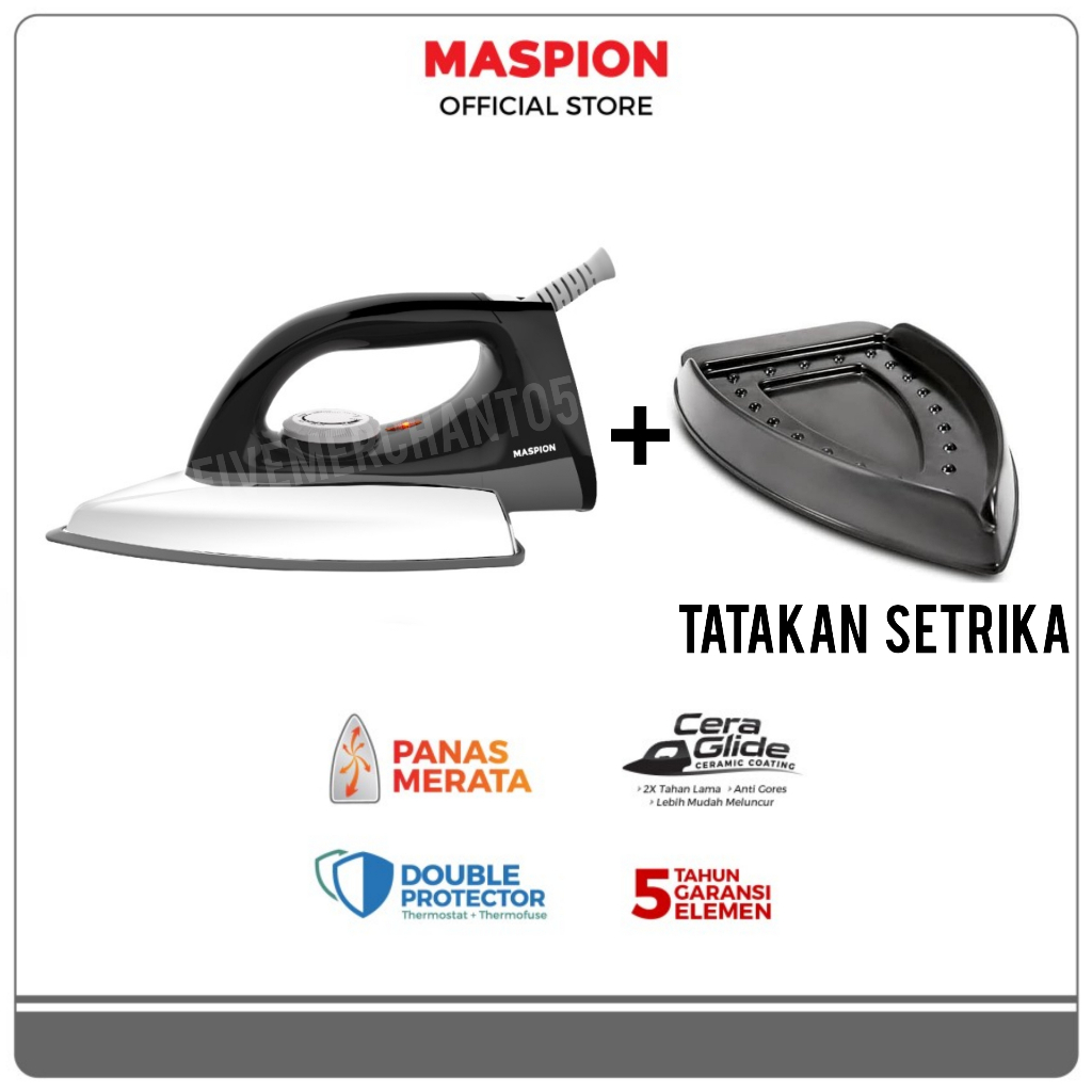 Setrika Maspion HA 380 Non Stick Ceramic Coating Dry Iron HA-380 Anti Lengket HA380 Black Purple Hitam Ungu Setrika Kering