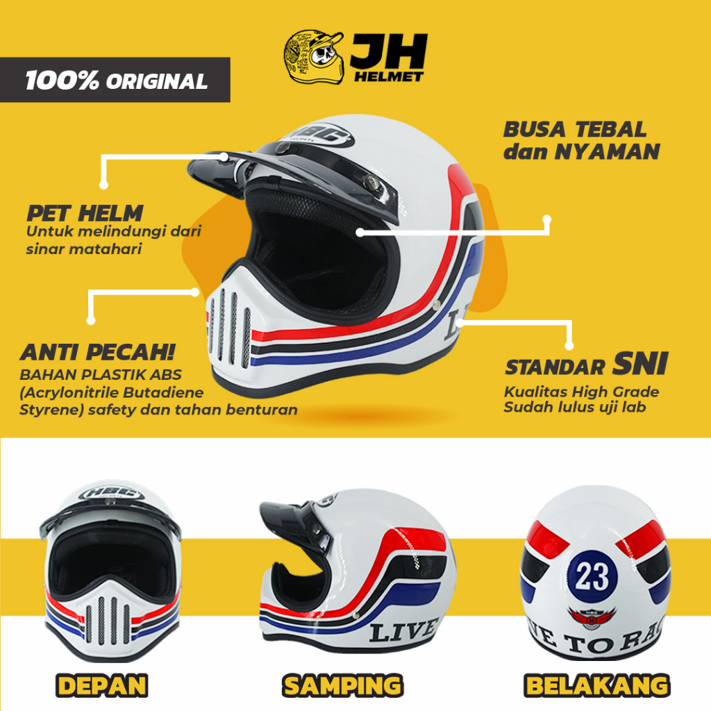 Helm Cakil HBC 23 White + FREE GOGGLE | Retro Full Face | JUAL HELM