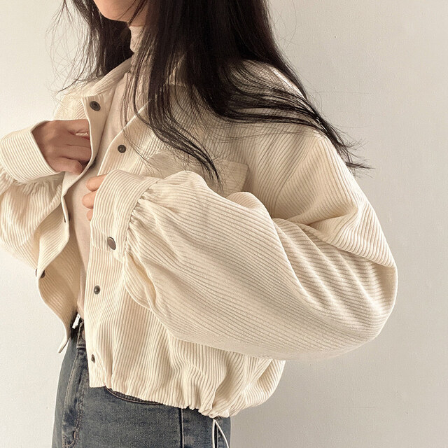 Korean Style Jaket Wanita Terbaru Lengan Panjang Corduroy Outer Crop Jacket