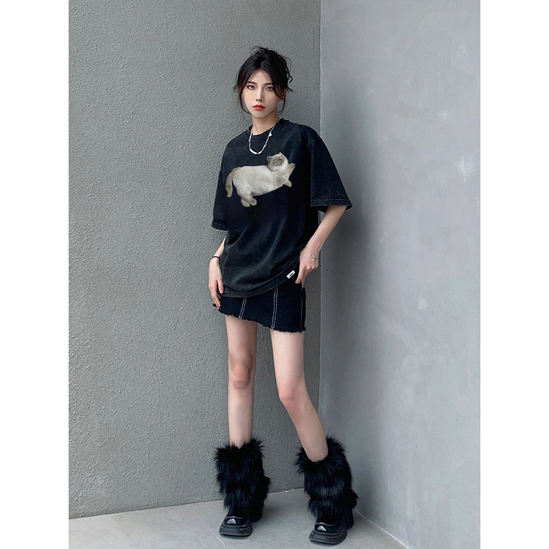 EUNII T-shirt Lengan Pendek Black Washed Cartoon Lazy Cat Printing Korean Style/Kaos Atasan Wanita/Baju Wanita/Kaos Wanita