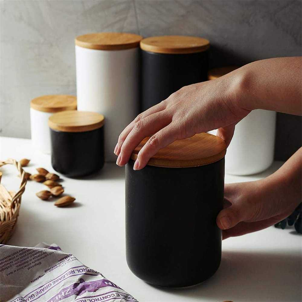 Toples Keramik Tutup Bambu Penyimpanan Makanan Ceramic Storage Jar Wadah Tempat Simpan Snack Cemilan Berkualitas