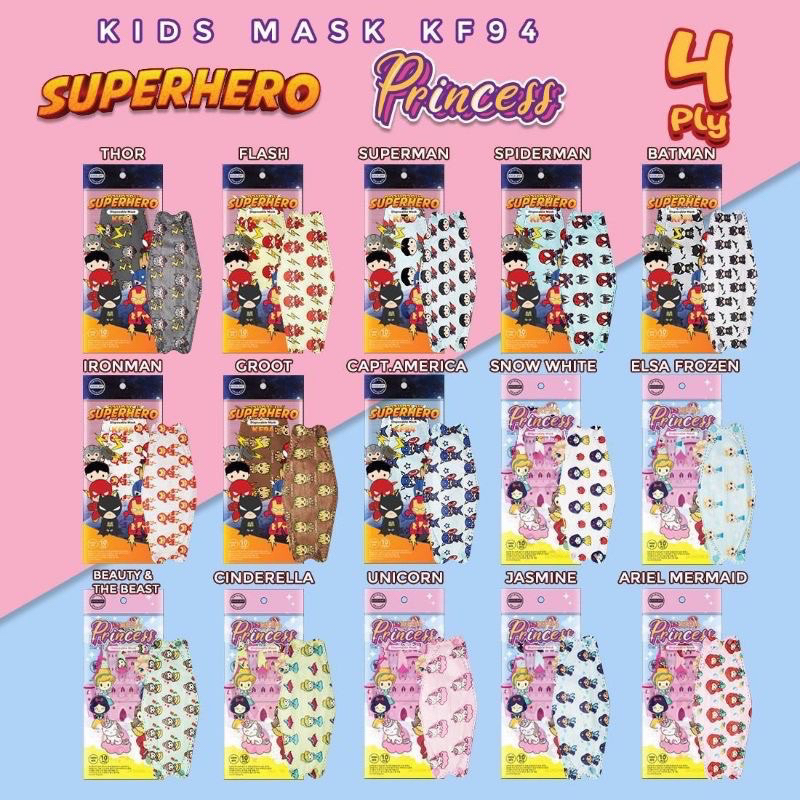 MASKER KF94 4PLY ANAK MOTIF SUPERHERO PRINCESS ISI 10 PCS