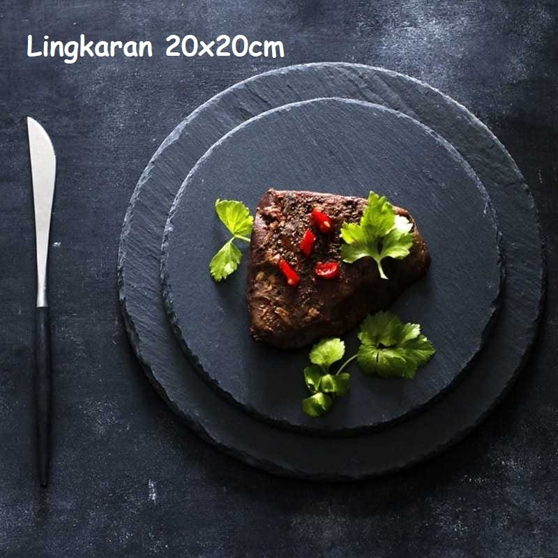 Piring Steak Batu Alam Atau Piring Stone Steak Classic BULAT Hitam Ukuran 20x20cm