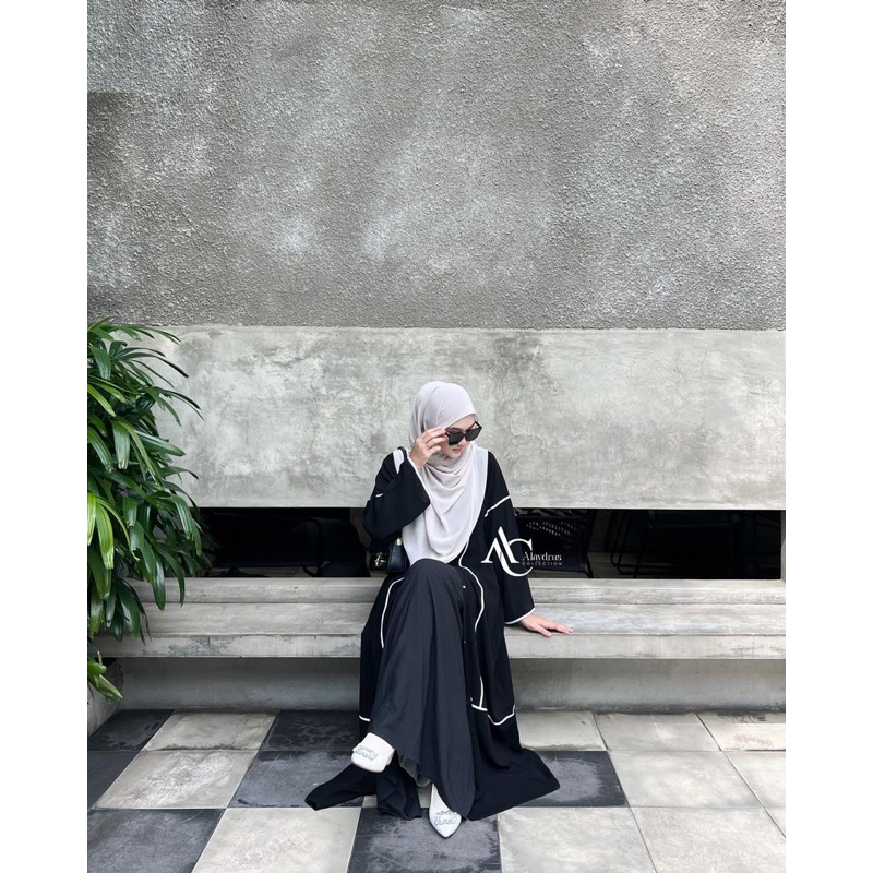 Abaya Hitam Turkey Saudi Outer Inner 2in1 Bahan Jetblack Kombinasi Wolfis List Putih 887