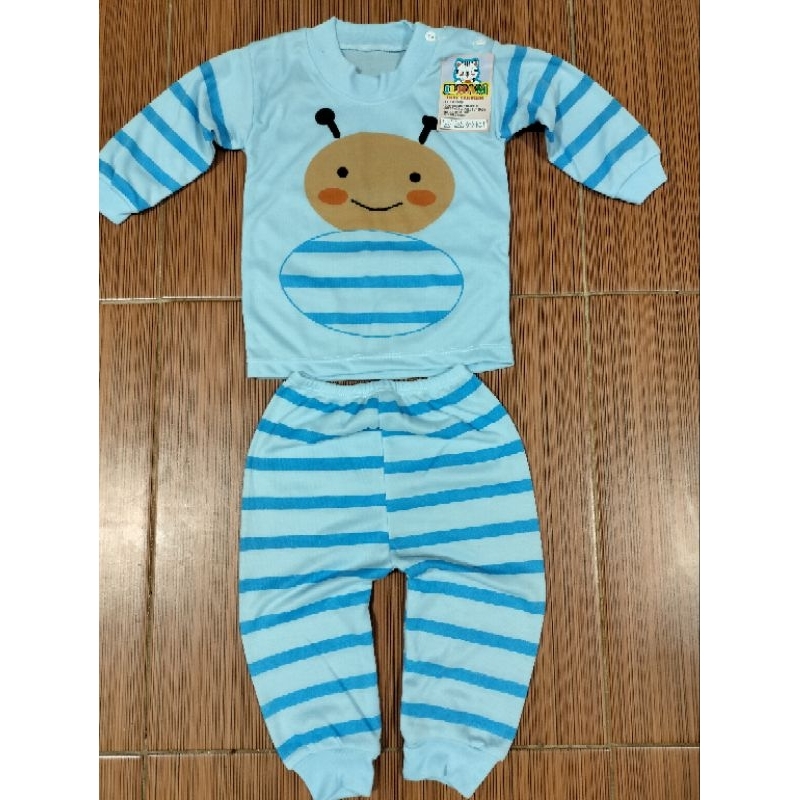 Setelan Baju Bayi Piyama Bayi Lengan Panjang Kancing Pundak Motif Lebah Usia 0-12 Bulan