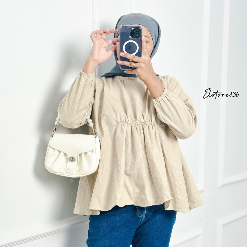 Zella Blouse Linen Atasan Wanita Kerut Depan Oversize Lengan Panjang