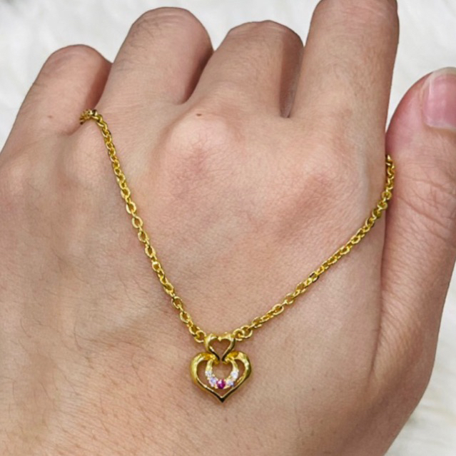 kalung fancy love permata pink putih emas asli kadar 700