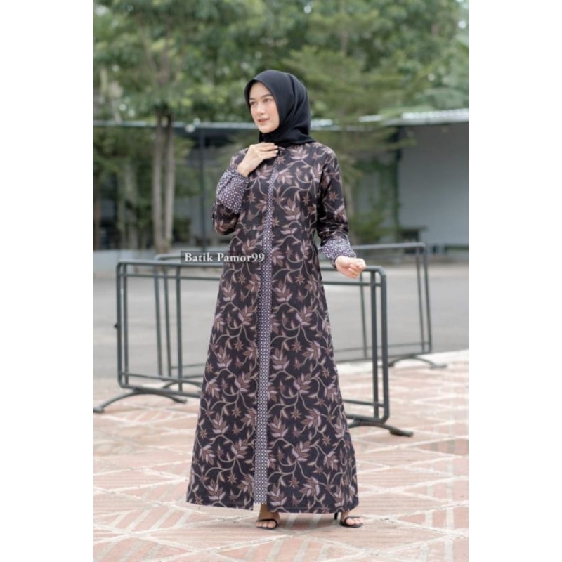 Baju Gamis Batik Wanita Jumbo Modern Kombinasi Kekinian Motif Daun Hitam