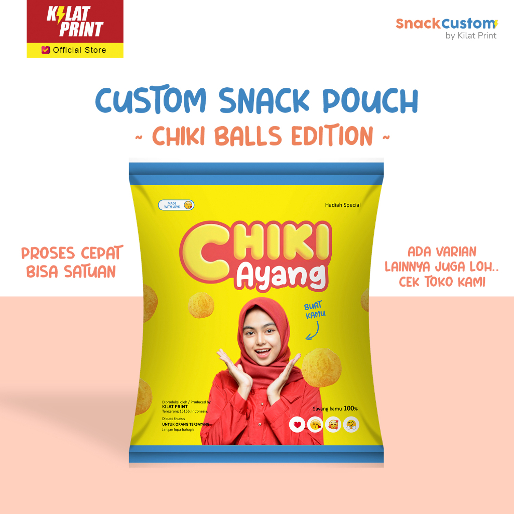 Snack Custom Foto Teks Bungkus Pouch Jumbo Ala Chiki Balls Edition