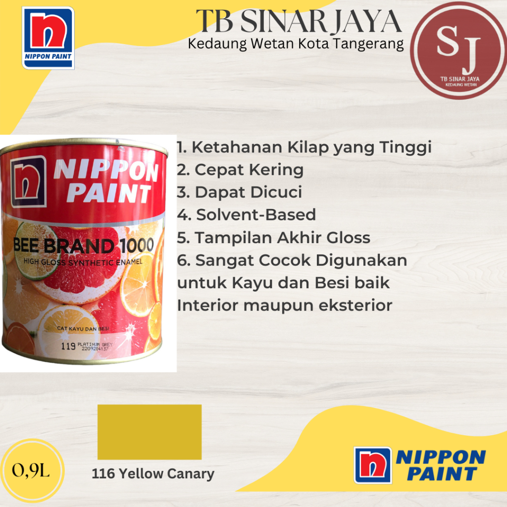 Cat Kayu dan Besi BEE BRAND 1000 Nippon Paint Cat Minyak 0.9L - 116 Yellow Canary