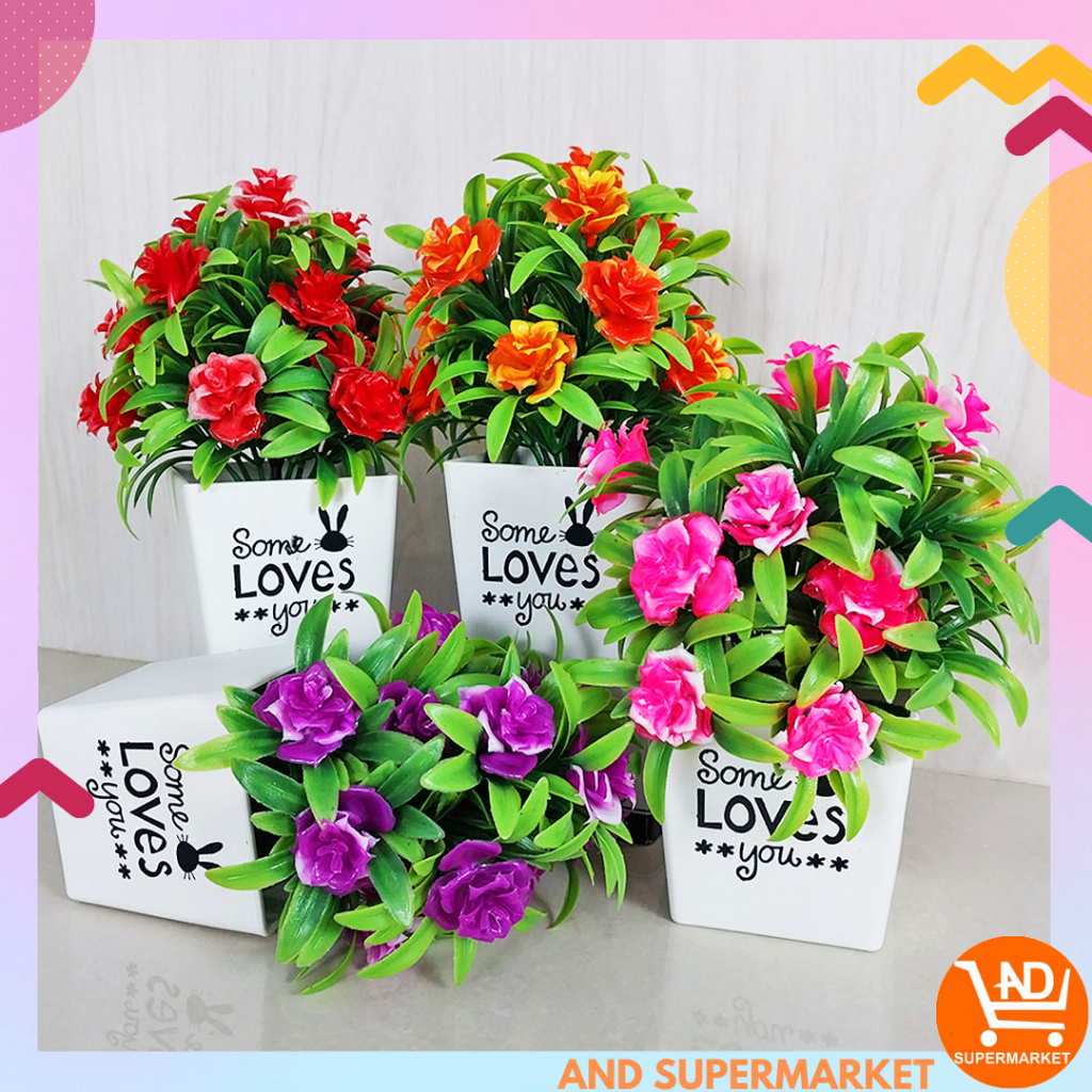 Bunga Hias Plastik Ornamen Tanaman Bunga Hias Palsu Dekorasi Rumah Artificial Flowers Pot Bunga Mawar Hias PBP12