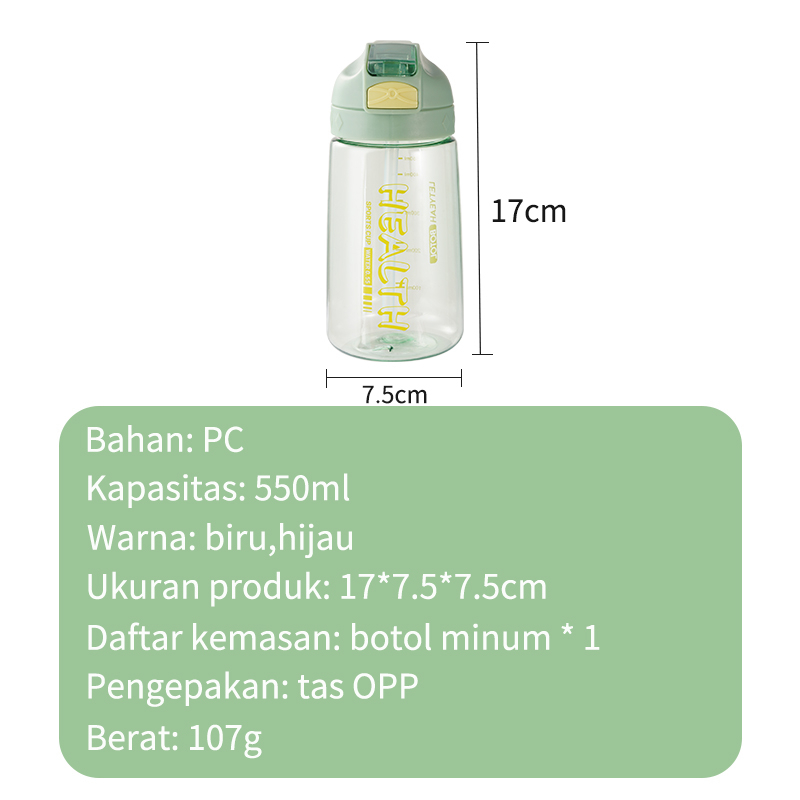 Letyeah &amp; Kaizenliving Botol Minum Portable Dengan Sedotan Botol Air Sekolah Olahraga Anti Tumpah Sport Water Bottle 550ml