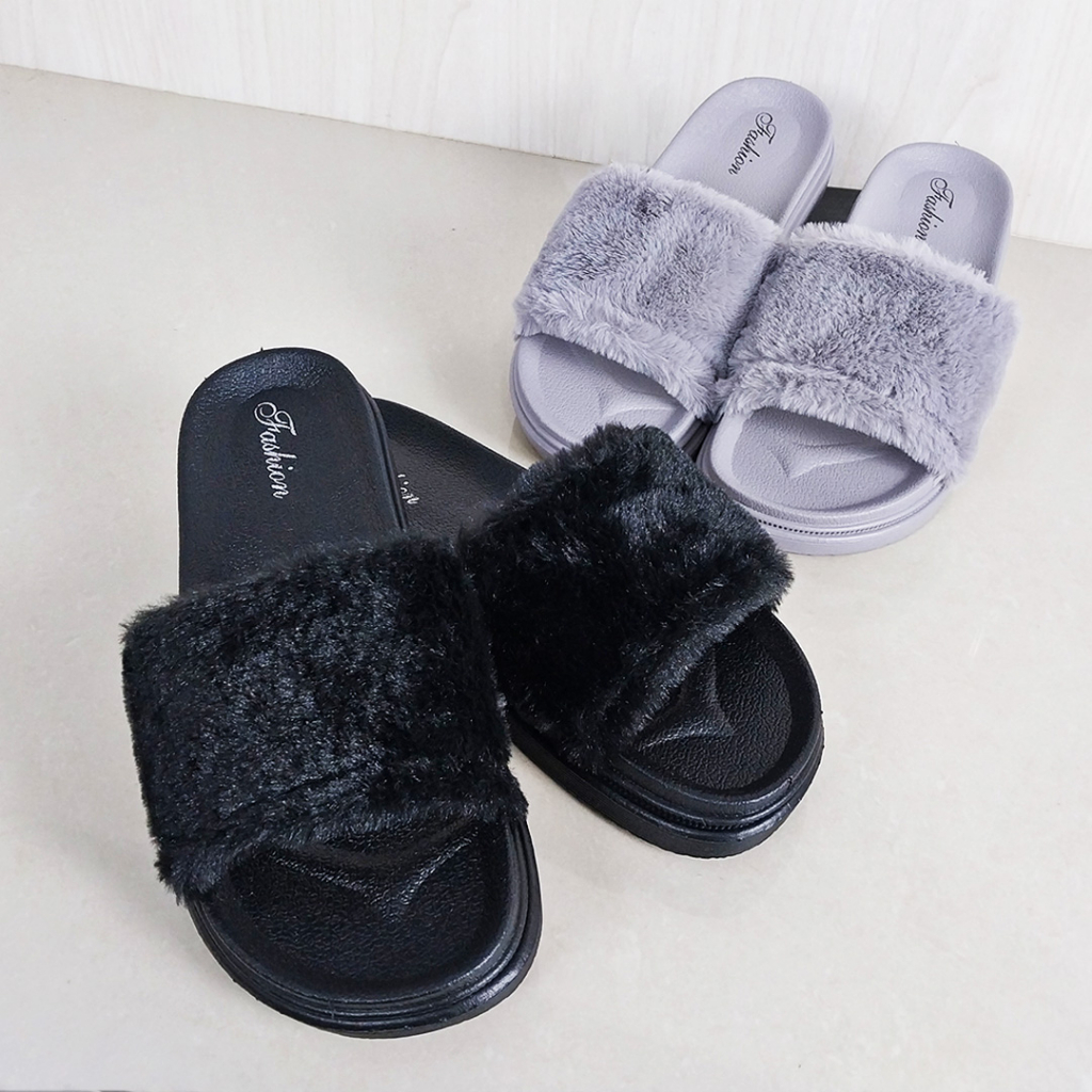 Sandal Wanita Slop Bulu Sandal Jalan Wanita Kekinian Sandal Slop Cewek Fashion Korea Sendal Slip On Perempuan Import SPT-52