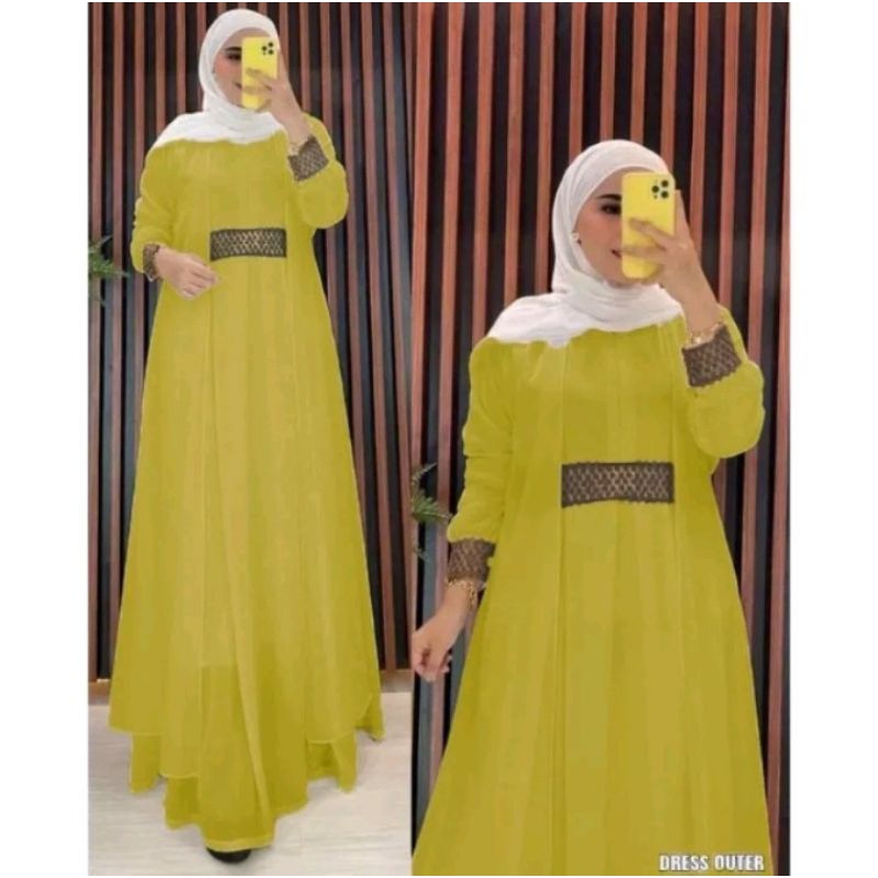 Salsa dress baju gamis wanita bahan ceruti beby doll ful puring mix Renda all size