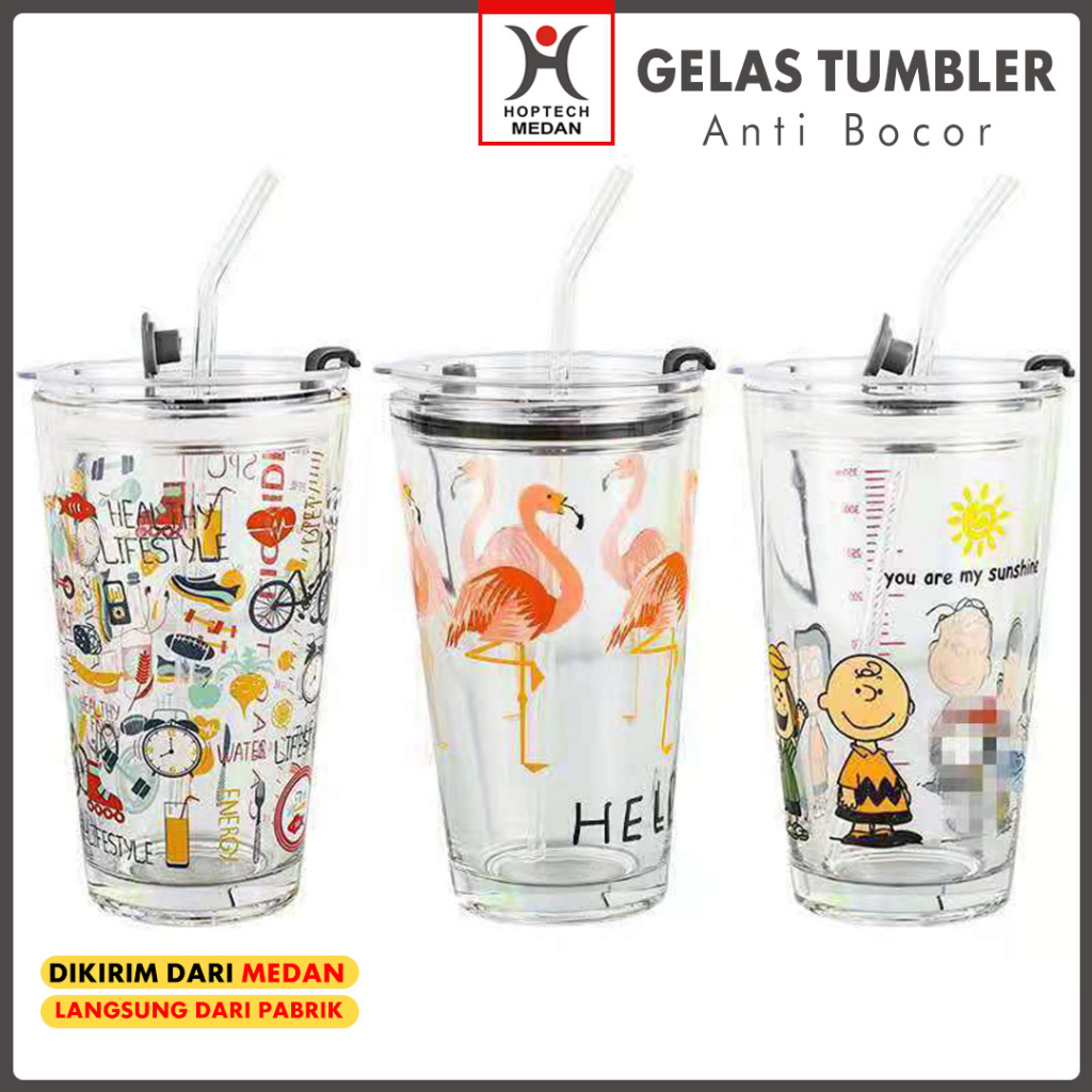 Gelas Tumblr Kaca Bening Gelas Mug Gelas Kaca dengan Tutup Anti Bocor 400ml Botol Minum Kaca Gratis Sedotan