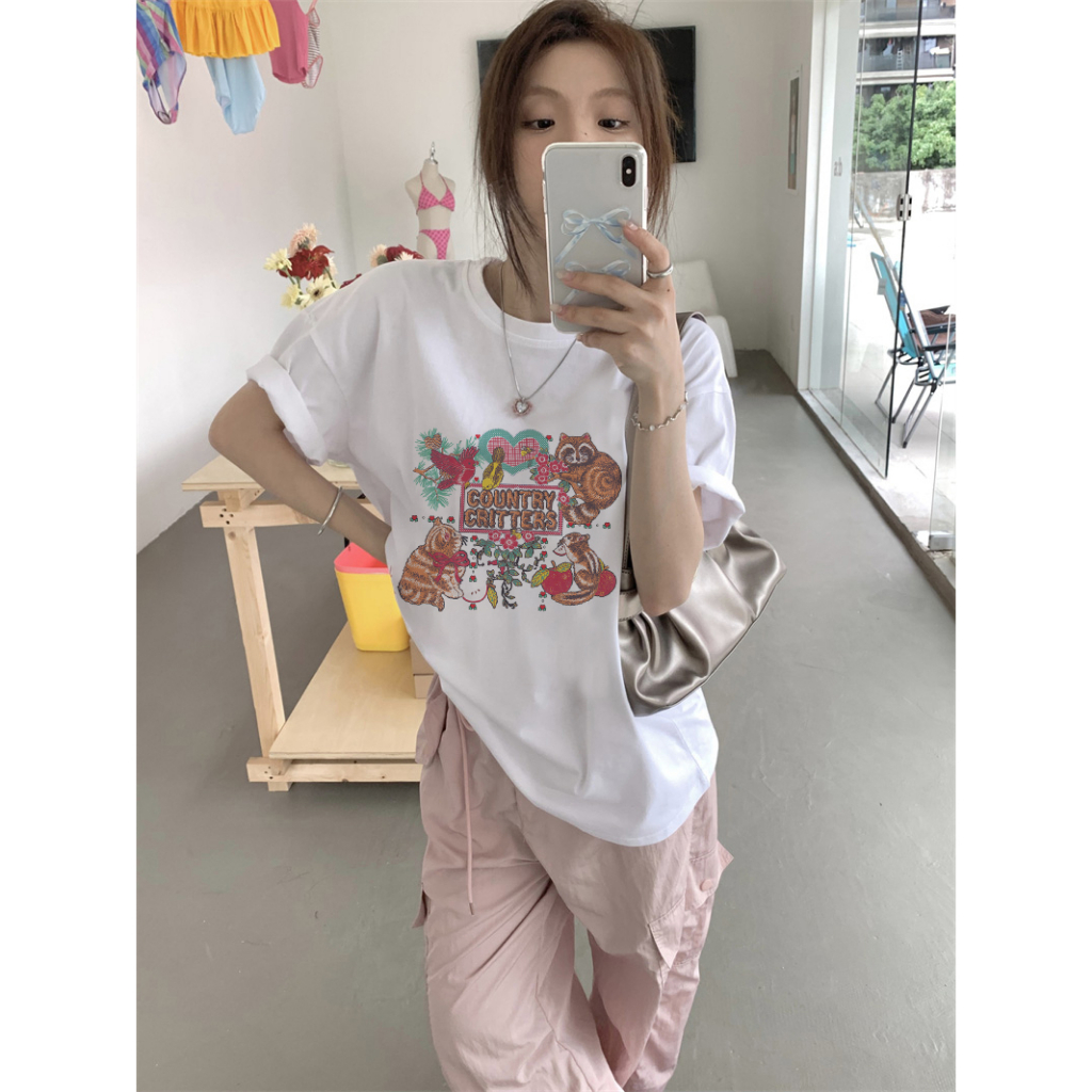 EUNII T-shirt Lengan Pendek Cartoon Cat Story Painting Printing Korean Style/Kaos Atasan Wanita/Baju Wanita/Kaos Wanita