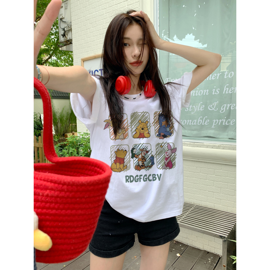 EUNII T-shirt Lengan Pendek Cartoon Winnie The Pooh Printing Korean Style/Kaos Atasan Wanita/Baju Wanita/Kaos Wanita