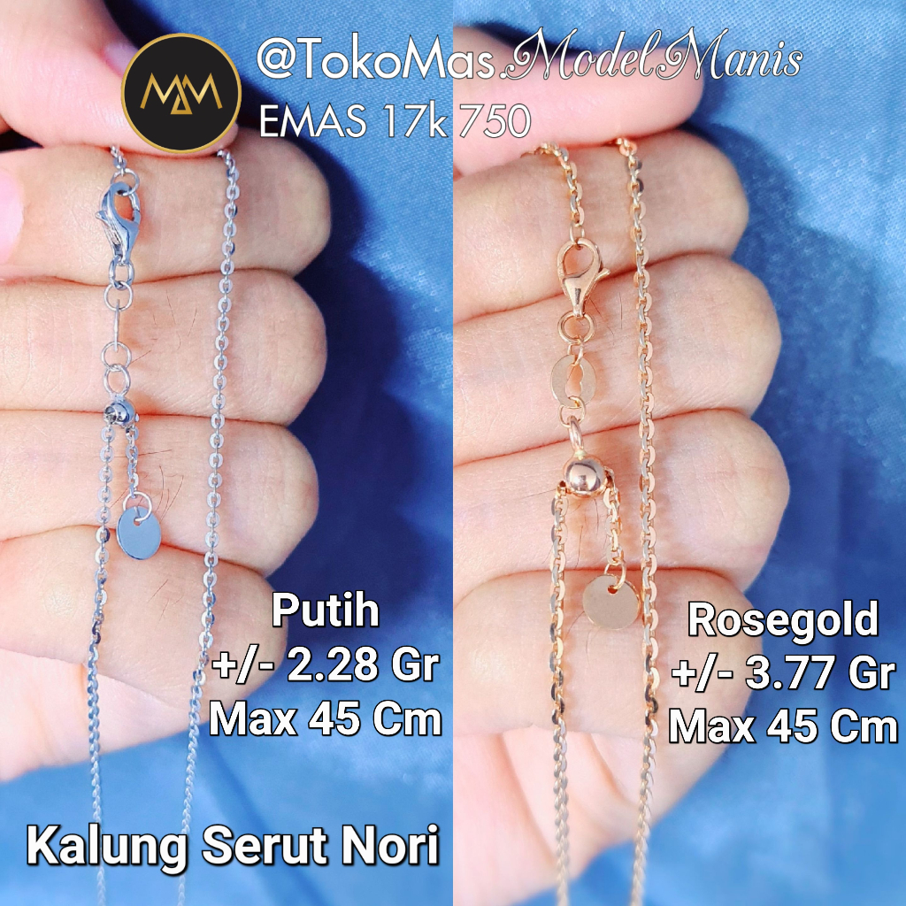 NEW Kalung Serut rantai halus Nori siem Kilap Emas Putih dan rosegold si 750 kadar 18 K (ujung love/