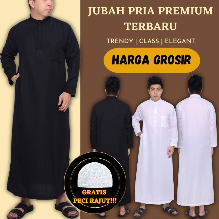Jubah Gamis Pria Dewasa Remaja Lengan Panjang Warna Hitam Putih Polos Bahan Dobby Premium Exclusive 