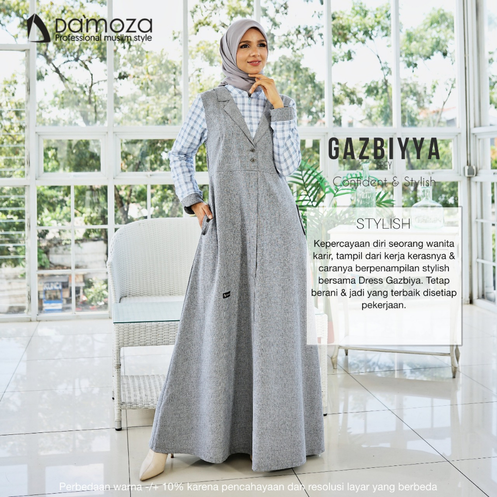 Damoza-Gamis Gazbiya Silver Blue Meviano Dress Dewasa Kombinasi Polos Motif Kotak Semi Formal Look 2 Pieces Blazer Busana Kerja Muslimah Elegan Simpel Kuliah
