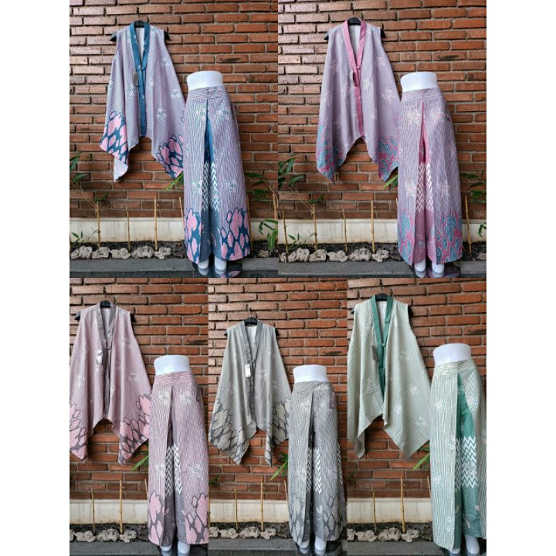 ONE SET CARDIGAN VEST OUTER CELANA LAYER BATIK MOTIF GARIS KECIL CELANA PANJANG WANITA SET PREMIUM C