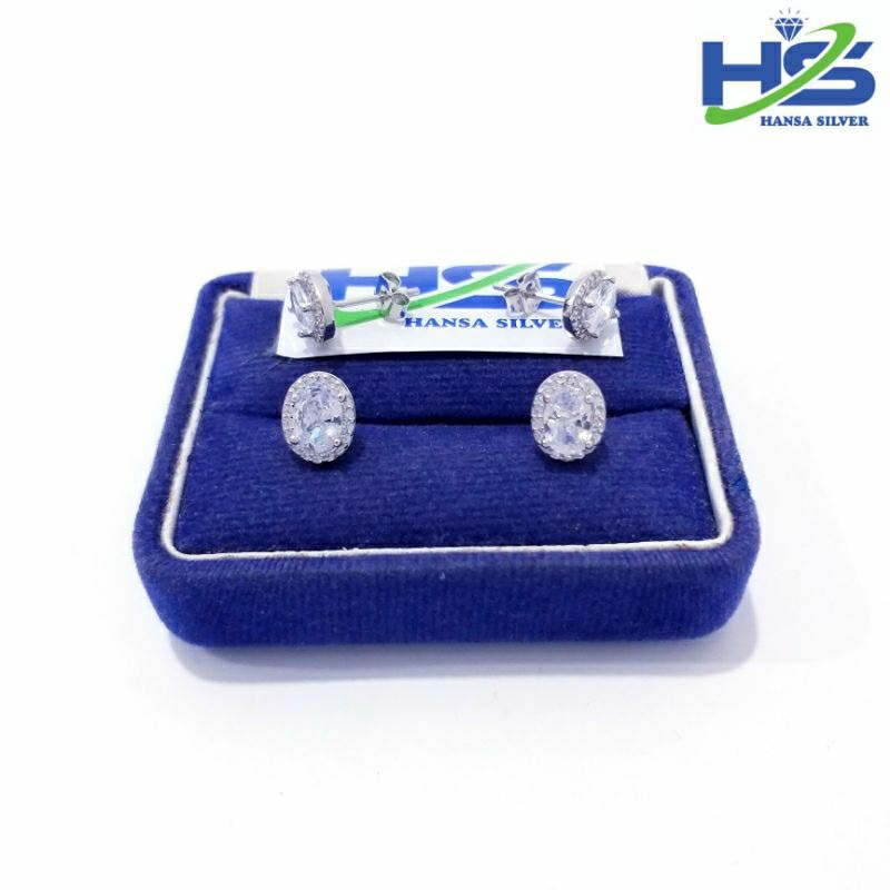 Anting Perak Asli Silver 925 Lapis Emas Putih Model Tusuk Giwang Batu Putih Kotak Dan Bulat - Anting Wanita Anti Karat