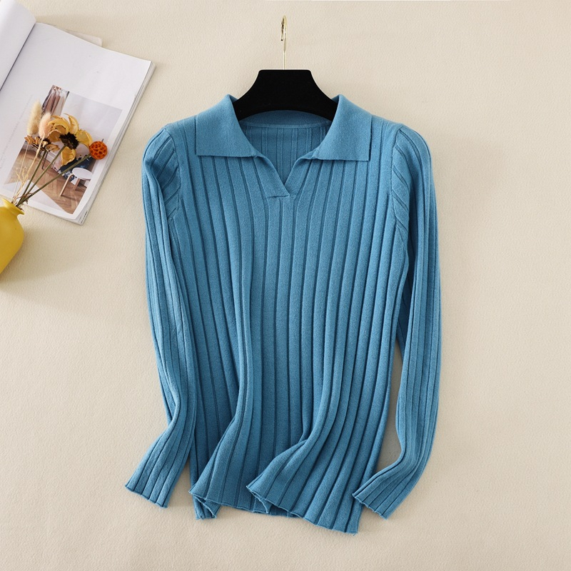 Atasan Wanita Kerah Turn Down V-Neck Pakaian Sweater Rajut Pullover Kasual Lengan Panjang Korean Style