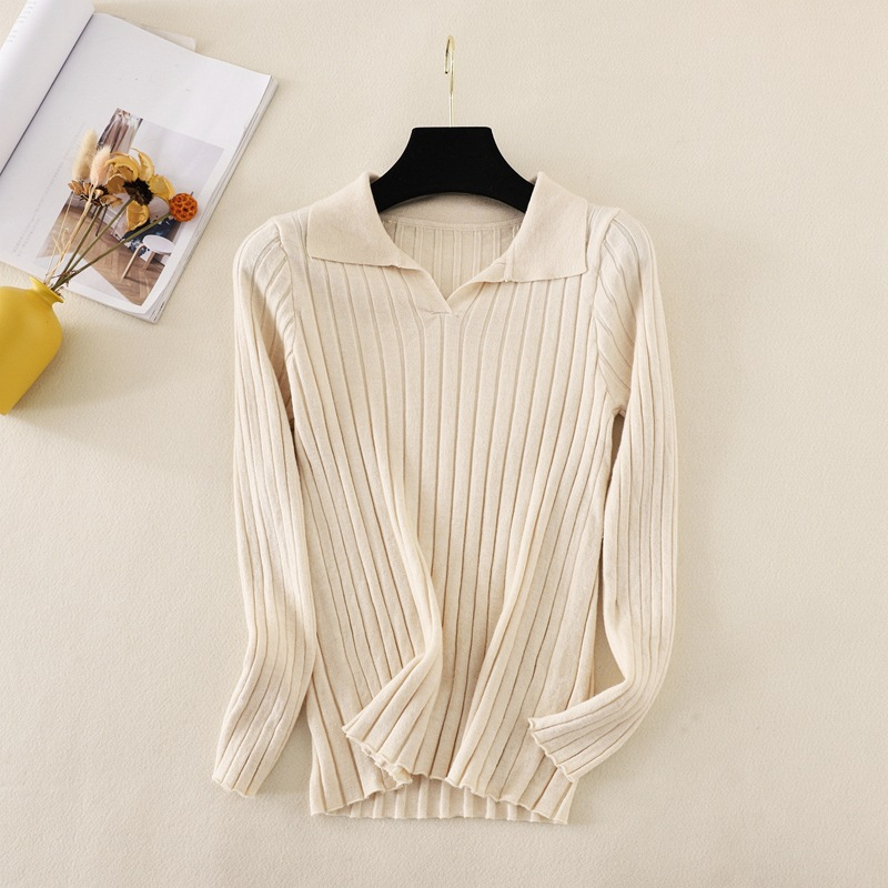 Atasan Wanita Kerah Turn Down V-Neck Pakaian Sweater Rajut Pullover Kasual Lengan Panjang Korean Style