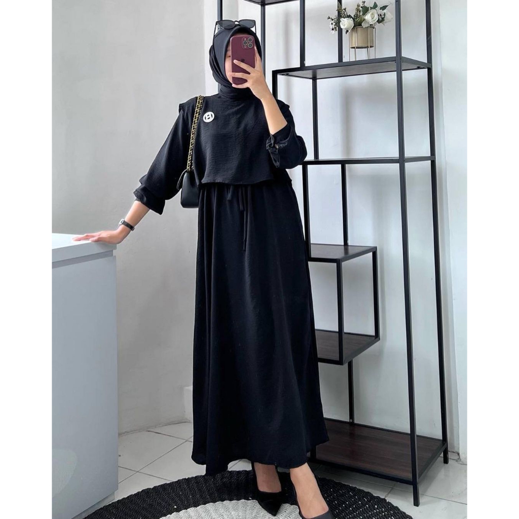Saandra.id - Model Baju Gamis Terbaru Simple Lengan Panjang Kombinasi Warna Putih