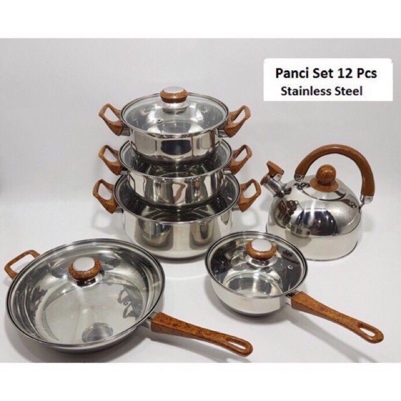 Panci Set Kayu 12 Pcs Stainless / Panci Cookware Set Gagang Kayu Stainless