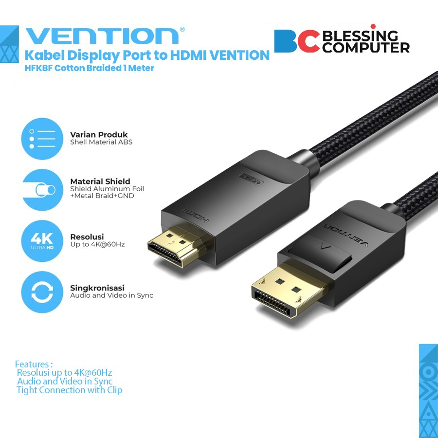 Kabel Display Port to HDMI VENTION HFKBF Cotton Braided 1 Meter