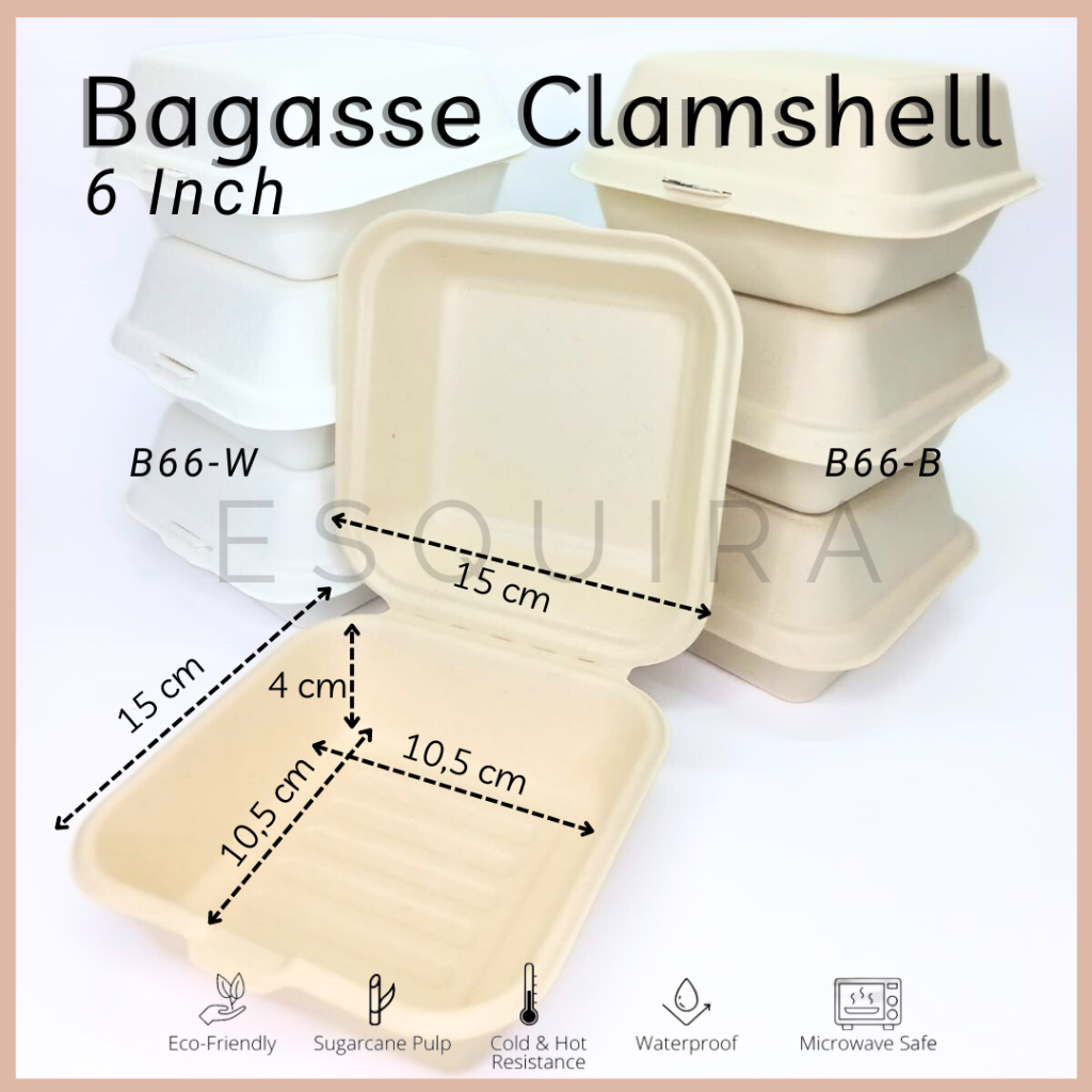 Sugarcane Bagasse Burger Box 6 Inch / Korean Cake Box 450 ML / Lunch Box / 25 Pcs / B66-B / B66-W