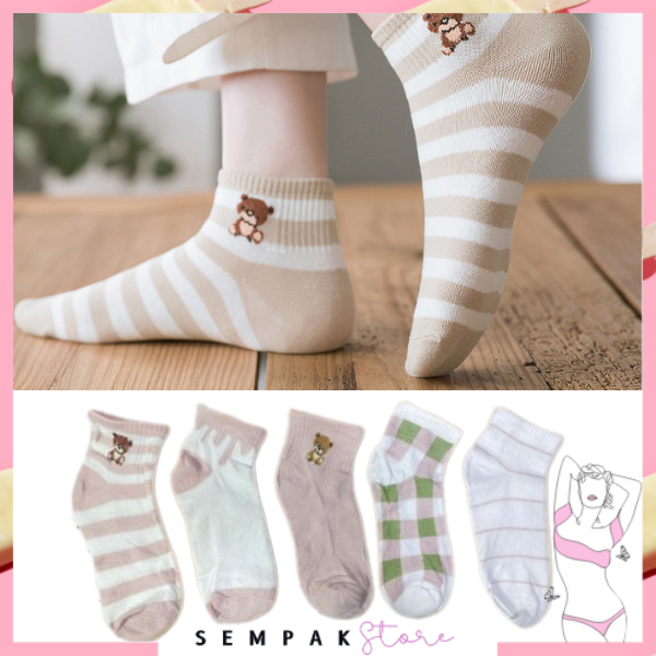 SS Kaos Kaki Wanita 6755 Motif Bear Kecil Pink Putih Kaos Kaki Pendek Anak Perempuan Kaus Kaki Ankle Cute Fashion Murah Import