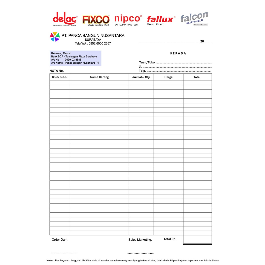 Nota custom kwitansi invoice surat jalan ukuran F4 / A4 Folio 2 ply