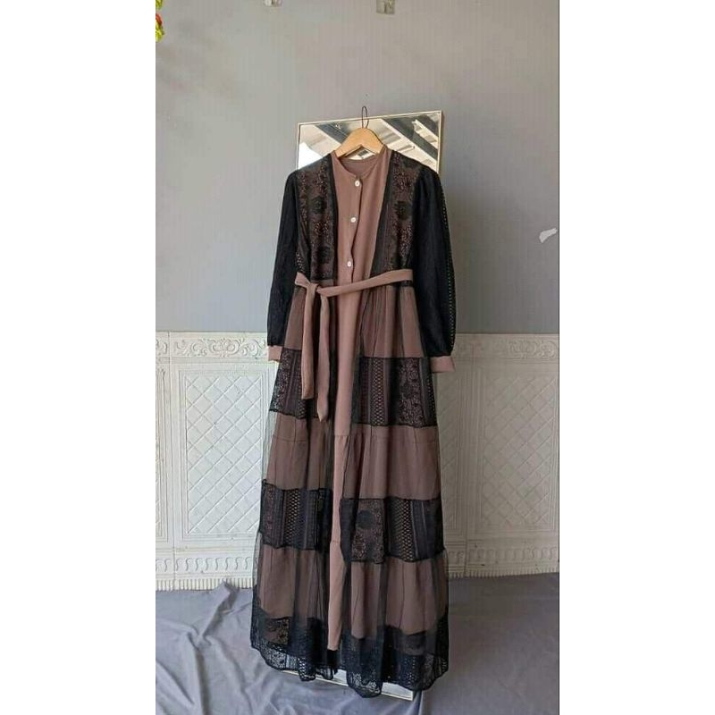 Gamis Dewisan Bahan Crinkle Premium Mix Brukat Wanita 2in1 Outher Pisah Dress Lebaran Terlaris 2023