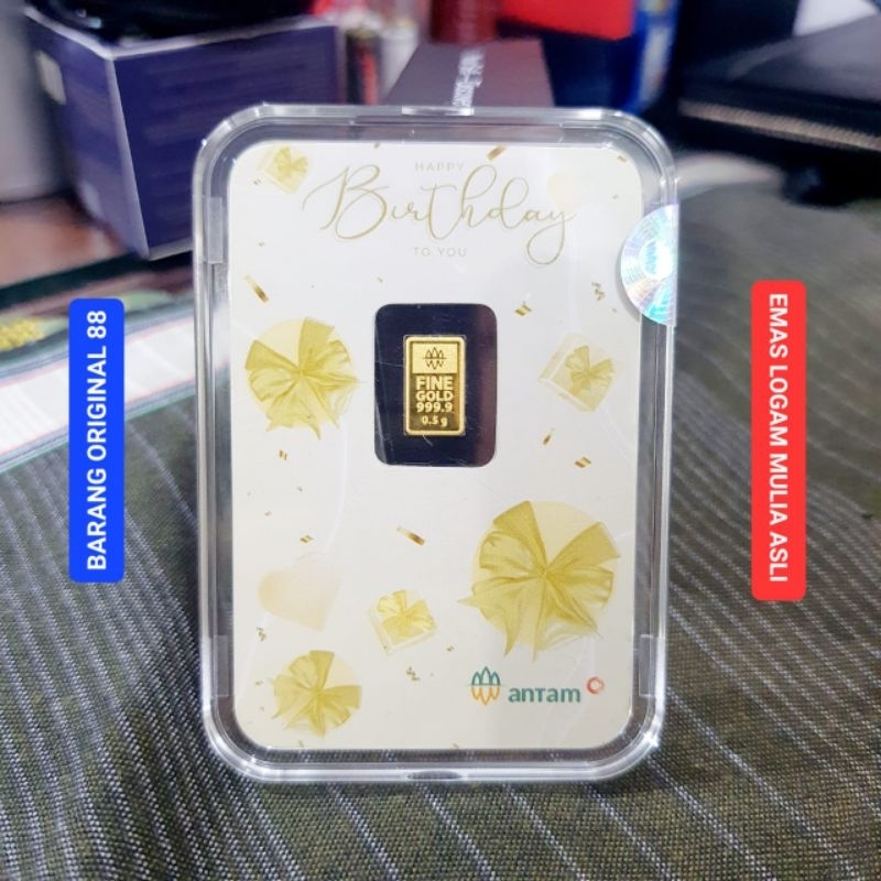 KADO HADIAH ULANG TAHUN 0.5 GRAM BALON GOLD UCAPAN HAPPY BIRTHDAY EMAS ANTAM 0,5 GR HARTADINATA GIFT
