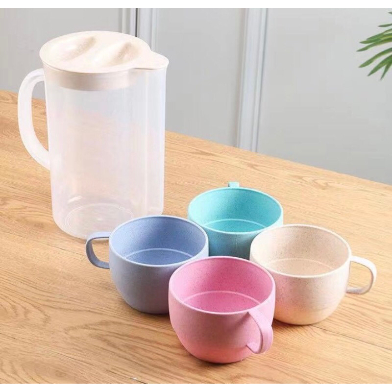 Mug Box Teko Gelas Jerami Set 5 in 1 Warna Pastel Free Food Grade | Mug Cangkir Kopi Teh