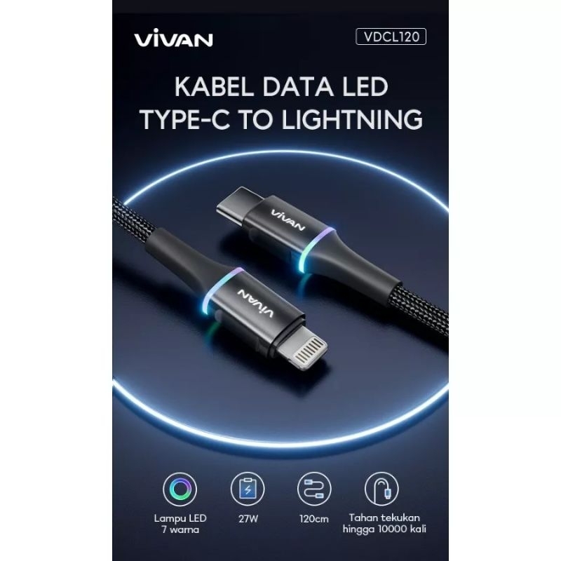 Vivan VDCC120 VDCL120 Kabel Data Quick Charge Lightning 27W Type-C 60W 120cm