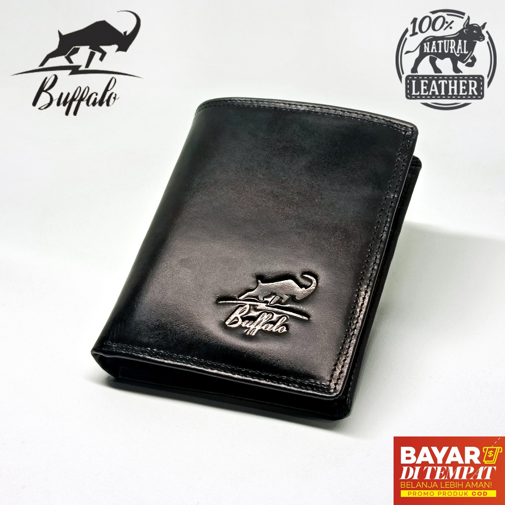 Buffalo Dompet Pria 100% Kulit Asli Slot Kartu Banyak Model Lipat Casual - Hitam Black