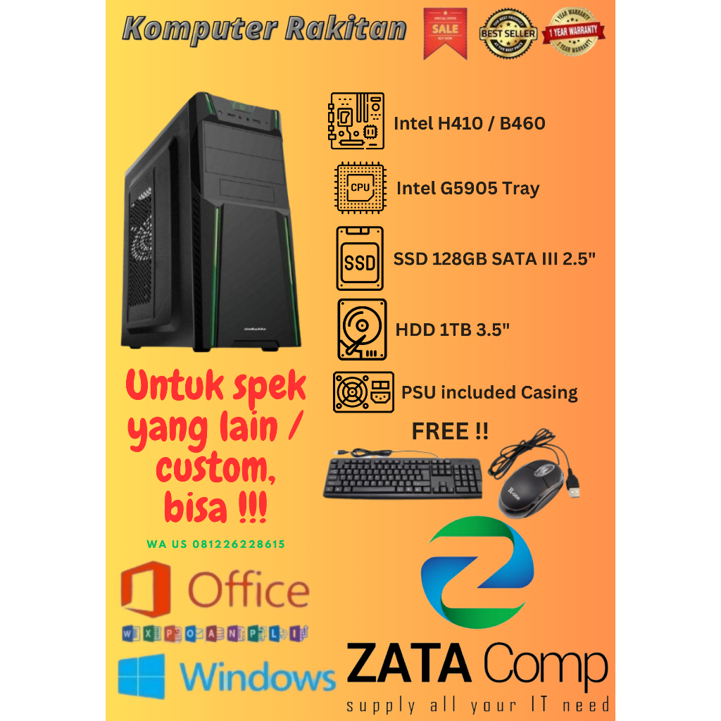 PC Rakitan Murah - Intel G5905 SSD 128GB 2.5" HDD 1TB Win11 free Keyboard Mouse