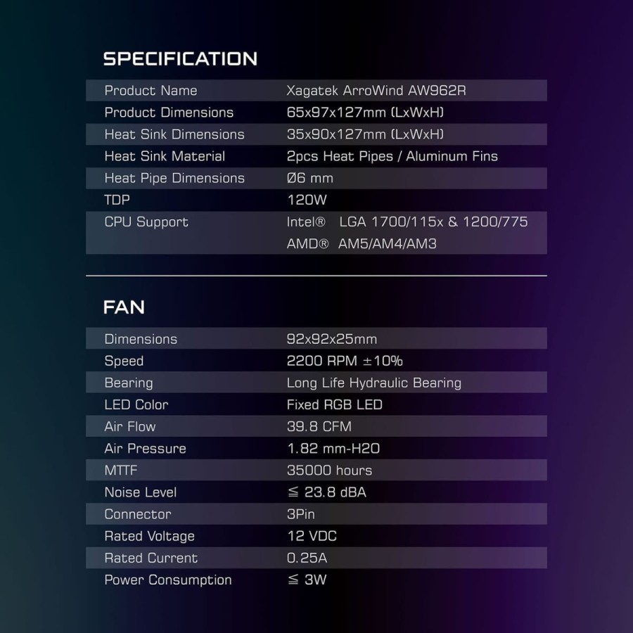 XAGATEK ARROWIND AW962R CPU COOLER LGA 1700 / 115x INTEL &amp; AMD