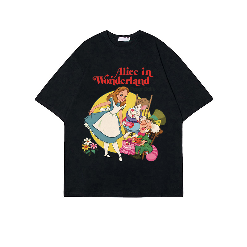 Kemeja oversize wanita lengan pendek heart graffiti print Alice In Wonderland T-shirt import kaos wanita korean style premium kaos hitam ootd