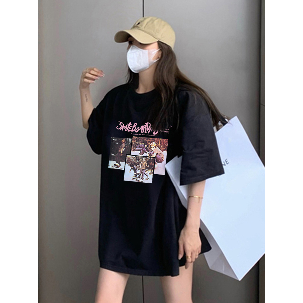 Baju kaos wanita lengan pendek american retro oversize printed T-shirt kekinian basic cream kaos