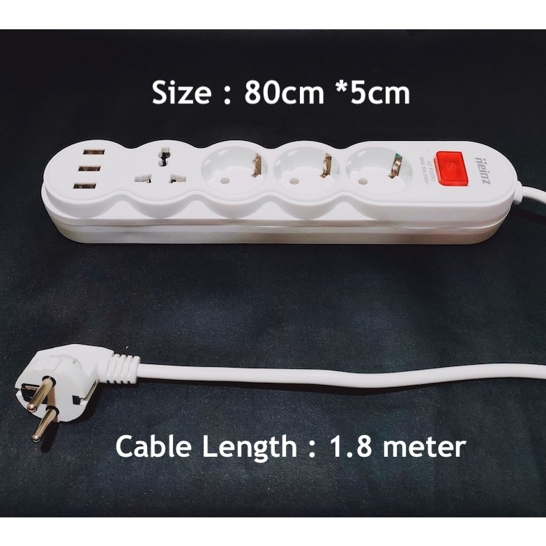 Heinz HighValue 1.8M Power Strip Stop Kontak 4 Power Socket 3 USB Port