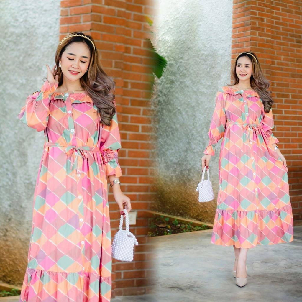 BAJU WANITA TERBARU DRESS MIDI FULL KANCING LENGAN PANJANG GAUN A-LINE LD120 PB130