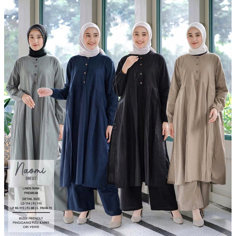 NAOMI ONESET - Premium One Set Long Tunik Katun Linen Rami Polos Casual Busui Friendly Best Seller