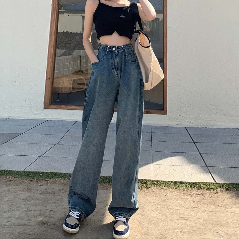 Denim celana wide-leg Wanita jeans high-waist loose Korean style celana panjang